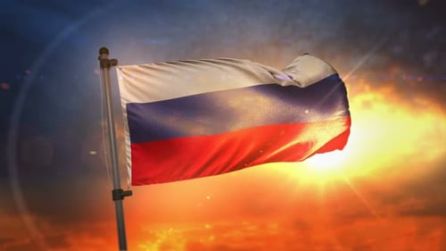 Cinematic Russian Flag Waving Against Dramatic Sunset Sky
