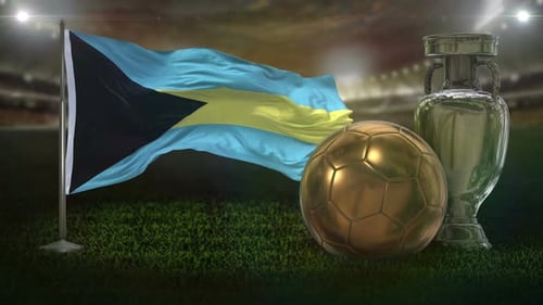 Bahamas Flag Waving with Soccer Ball and Trophy in Stadium