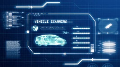 Blue HUD driving vehicle car specification scanning user interface in pixels display background