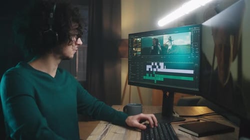 Man Editing Video in Evening