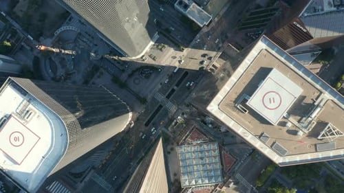AERIAL: Epic Slow Lowering and Circling Birds Eye View Over Downtown Los Angeles California in