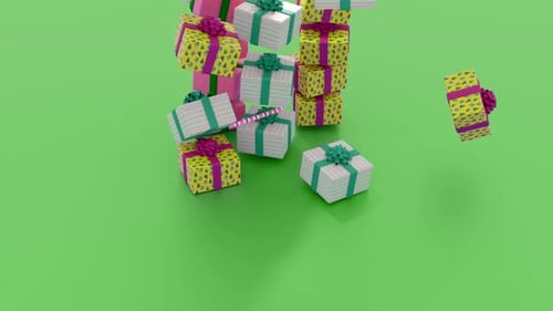 Viele Weihnachtsgeschenke fallen auf isolierten Hintergrund