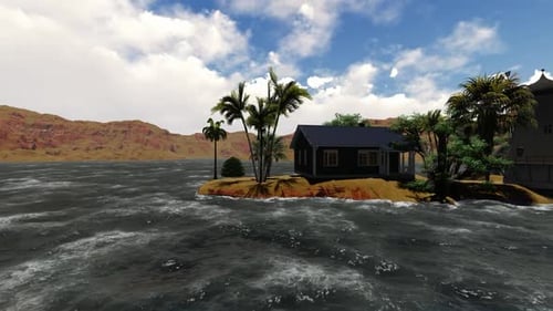 Tropical Island Panorama with Windmill and Palm Trees