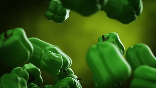 Slow motion animation of natural green bell peppers falling down. Loopable. HD