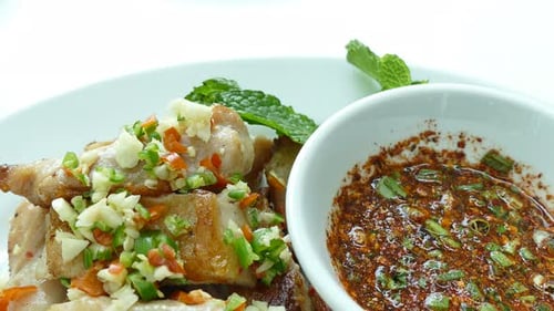 Delicious Grilled Chicken with Dipping Sauce Close Up