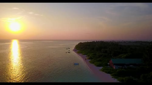 Aerial drone view tourism of paradise shore beach holiday by blue ocean with white sandy background