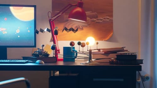 Animated Desk with Solar System and Space Monitor Panning Reveal