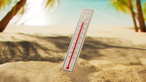 The thermometer at the beach in the shade of the palm trees. Tropical climate.