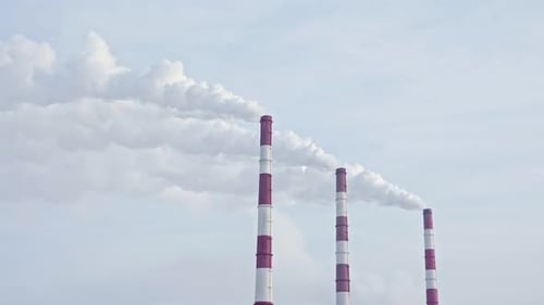 Weißer Rauch aus den Kaminen eines Wärmekraftwerks vor blauem Himmel