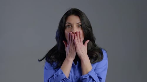 Mature Frightened Woman Shocked Isolated Over Grey Background. Stressed Lady