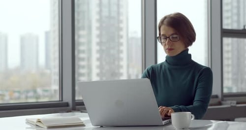Business woman works at a laptop in a modern office.