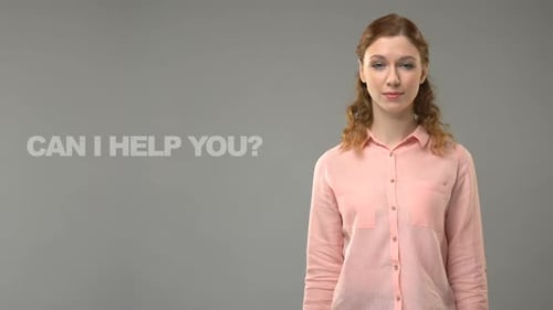 Female Asking Can I Help You in Asl, Text on Background, Communication for Deaf