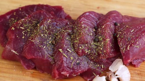 Fresh Raw Beef Meat with Peppercorns Ready To Grill, Rotating