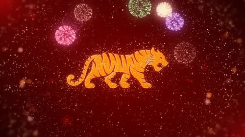 Golden Tiger and Fireworks for Chinese New Year Celebration Background