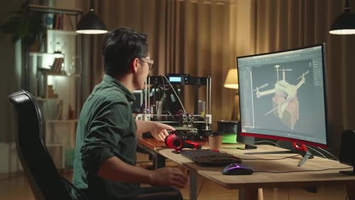Asian Engineer Start Working On Personal Computer And 3D Printer, Screen Shows Cad Software