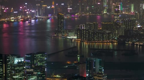 Hong Kong Urban Cityscape Aerial Skyline Panorama Zeitraffer bei Nacht Pan Up