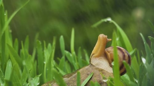 Snail Crawls Along Green Grass In Rain