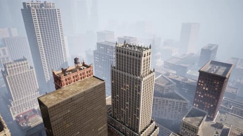 Hazy Cityscape Aerial Flyover with Modern Skyscrapers