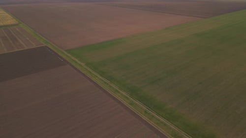 Aerial Drone Footage Approaching Farm Fields in Countryside