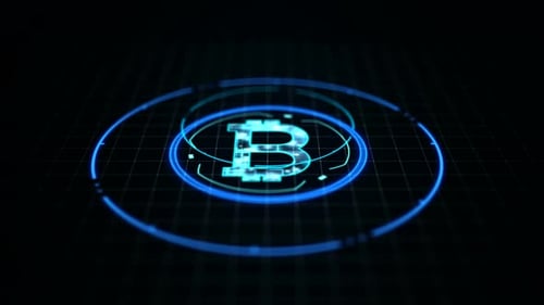 Futuristic Glowing Bitcoin Symbol Digital Technology Animation Loop