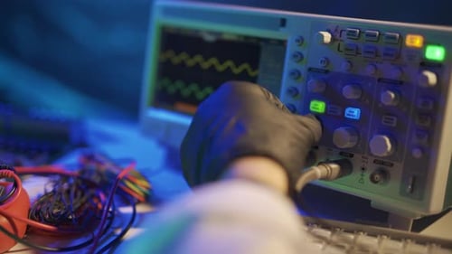Hand Adjusting an Oscilloscope in a Lab