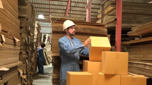 Ein asiatischer männlicher Arbeiter überprüft Bestellungen in der Paketlagerfabrik.