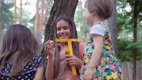 Beauty Girl Blowing Bubbles Soap Kids Communication Child Friends Playing Outside