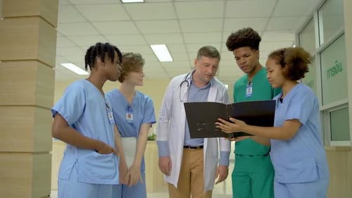 Medical Team Reviews X-Ray in Hospital Hallway