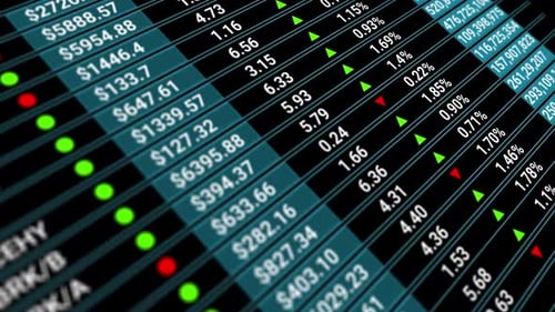 Quadro digital de valores do mercado de ações, índices de empresas em evolução, crescimento e/ou redução.
