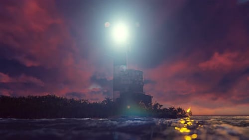 Lighthouse on Tropical Island with Dramatic Sunset and Rotating Beam