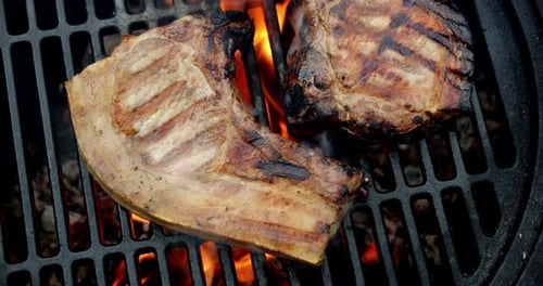 Pork Chops Sizzling on Barbecue Grill