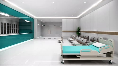 3d rendering. Interior hospital modern design . Row of empty hospital beds