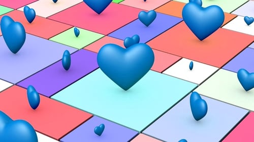 Animated Blue Hearts Bouncing on a Colorful Grid Background