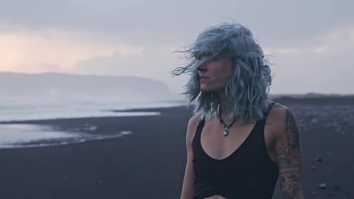 Cool Girl With Blue Hair Looking Out To Sea