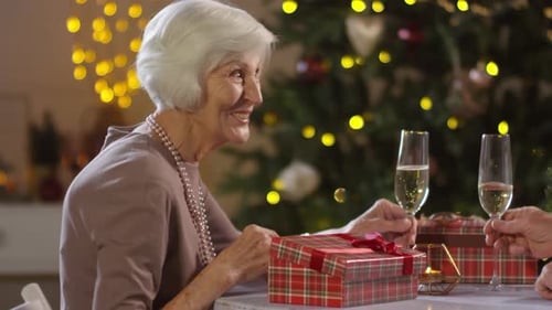 Senior Woman Toasting Champagne at Christmas Celebration