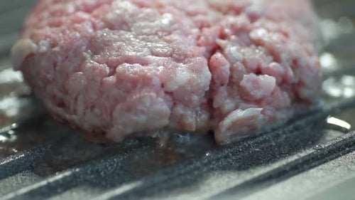 Street Food. On the Grill Fry the Cutlet for Burger. Close-up