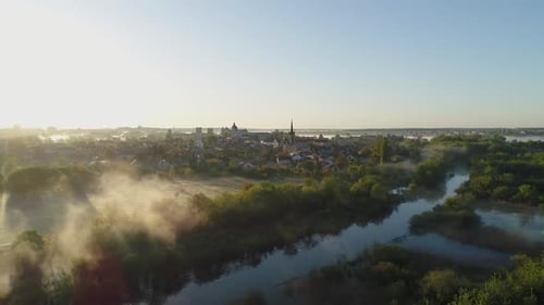 Sunrise and Fog Over the River Styr and the Historic Part of Lutsk Ukraine