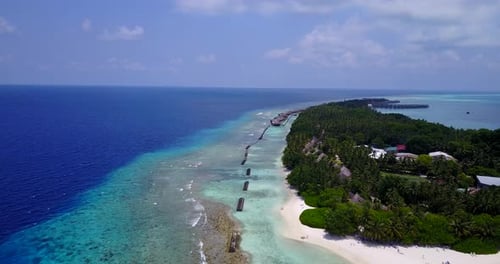 Tropical drone travel shot of a paradise sunny white sand beach and blue ocean background in colourf