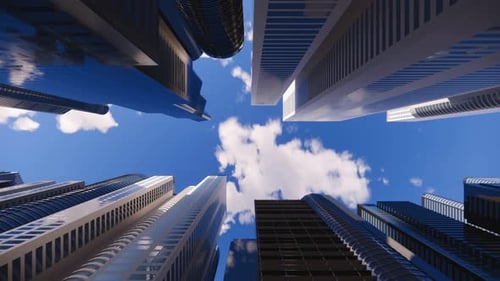 Render 3D de una ciudad brillante abstracta con rascacielos. Formas simples de edificios