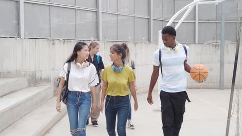 Group of Multiethnic Teenage Students Walk and Talk to Each Other on Campus