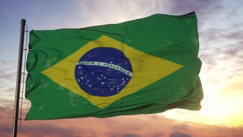 Realistic Brazil Flag Waving Animation with Sunset Background