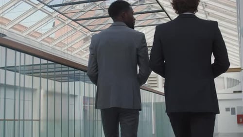 Pair of Businessmen Walking along Office Hall and Chatting