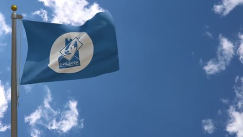 Waving Flag of Bishkek City Against Blue Sky
