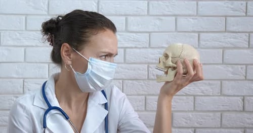 Medical Professional Examining Human Skull in Clinical Setting
