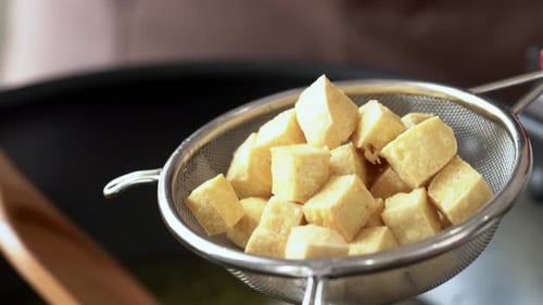 Golden Fried Tofu Cubes Cooking Preparation
