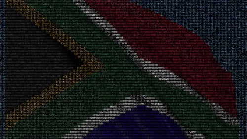 Wehende Flagge Südafrikas aus Textsymbolen auf einem Bildschirm