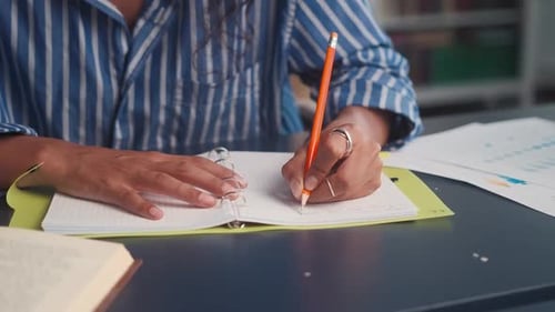 Close Up Hands Ethnic Woman Left Handed Who Writes Something in Journal
