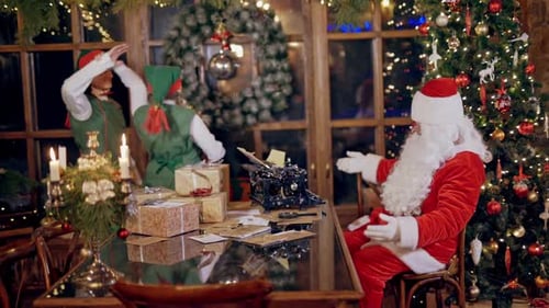 Santa with Dancing Elves in Festive Christmas Scene