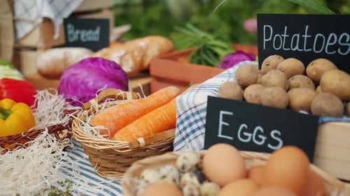 Close-up Slow Motion of Healthy Fresh Organic Food in Farm Market on Table