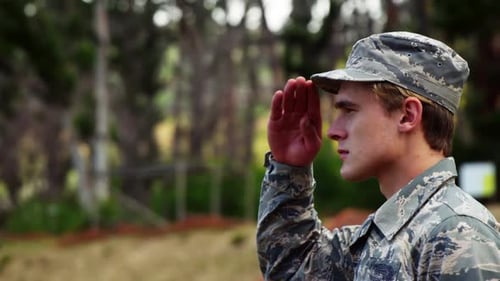 Young Soldier Saluting in a Grassy Field